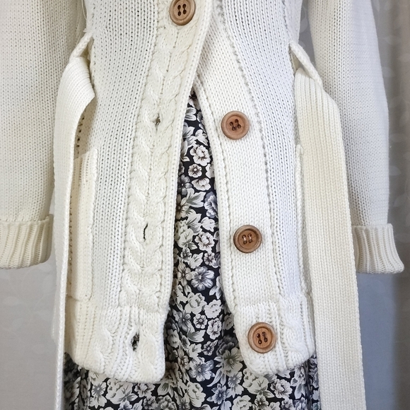 Vintage Cable Knit Belted Collared Button Front Long Cardigan Dayne Taylor Cream - Picture 8 of 15